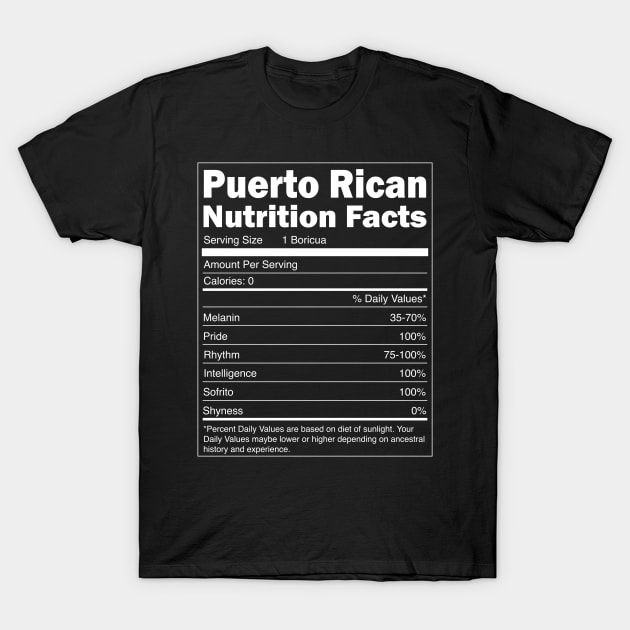 Puerto RIco Boricua Gift - Puerto Rican Nutrition Facts T-Shirt by HispanicStore